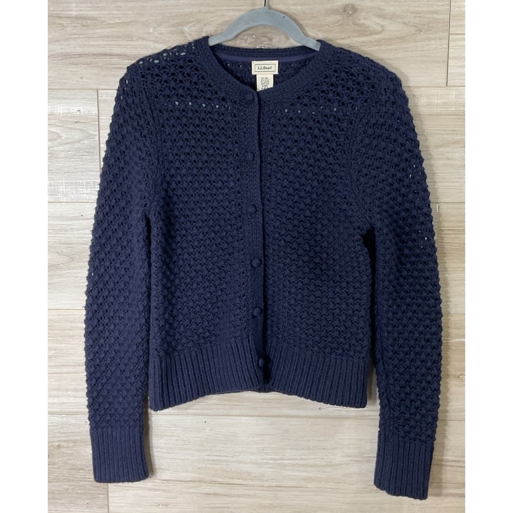 L.L. Bean Button Cardigan Sweater Small Angora Wool Bobble Knit Blue Cozy Preppy